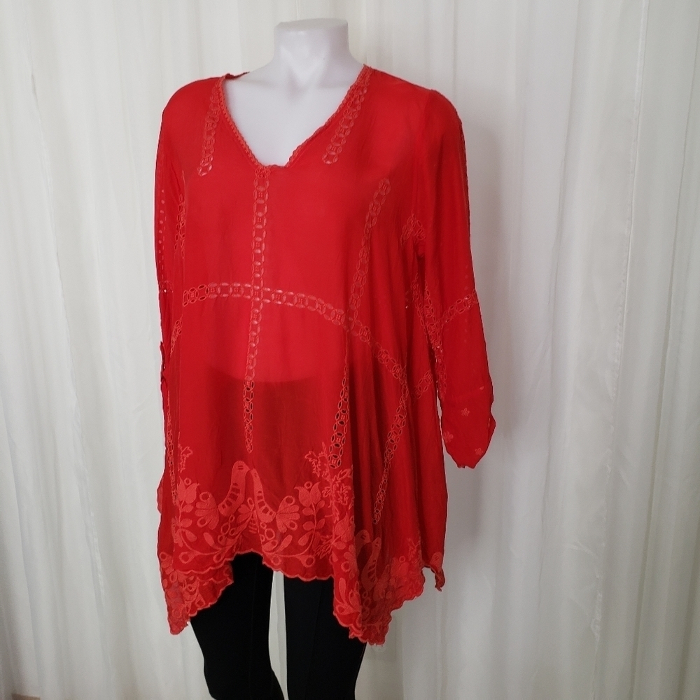 Johnny Was red Cupra Rayon flowy blouse embroidered monochrome bird floral MED